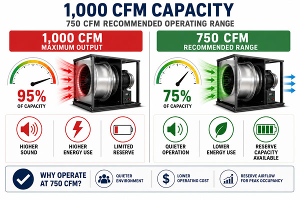 Comparison graphic showing a blower operating at 1,000 CFM maximum capacity versus a 750 CFM recommended operating range. The illustration highlights differences in sound levels, energy consumption, and reserve airflow capacity.