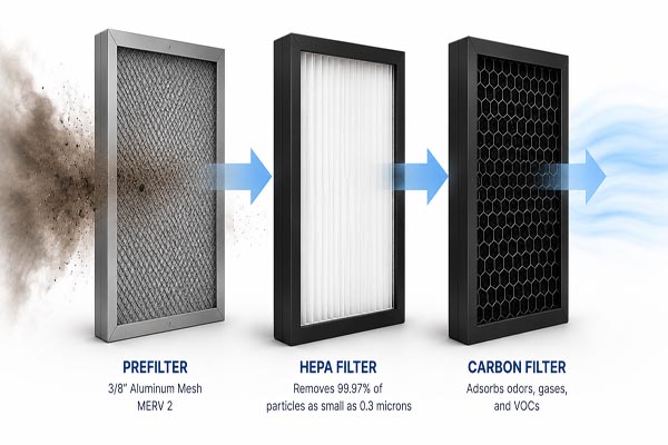 Diagram showing the three-stage filtration process used in a LAAS-3200 HOC air purification system. Air passes through a pre-filter that captures larger particles, a True HEPA filter that removes fine smoke particulate, and an activated carbon filter that reduces smoke odors and gaseous contaminants.