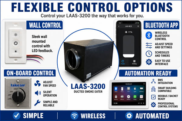 Graphic showing four control methods available for the LAAS-3200 including wall-mounted control, Bluetooth app control, onboard speed control, and building automation integration.