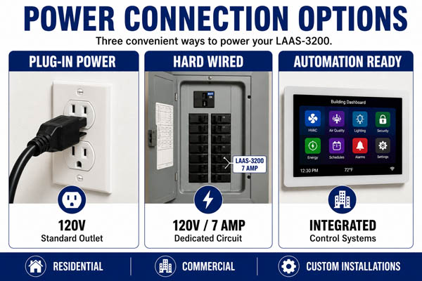 Graphic showing three power connection methods for the LAAS-3200 including standard plug-in power, hard-wired electrical connection, and building automation integration.