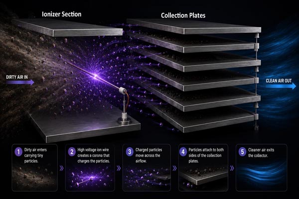 Cutaway illustration of an electrostatic air cleaner showing dirty air entering an ionizer section, particles charged by a high‑voltage wire, and those particles captured on stacked metal collection plates so clean air exits the unit.