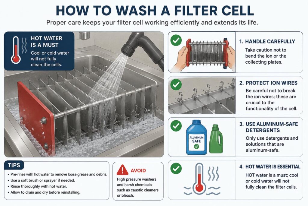Illustration showing do's and don'ts of Filter Cell washing