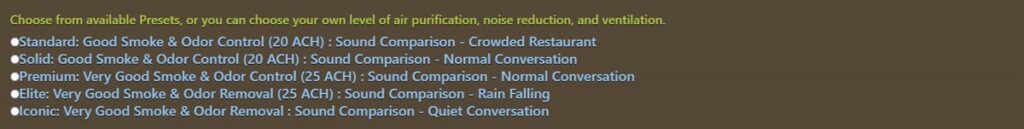 Image of 5 experience levels to choose from in the LakeAir cigar lounge environmental calculator, which include standard, solid, premium, elite,and iconic