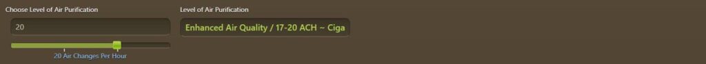 Image of the Air Purification levels in the LakeAir cigar lounge environmental calculator, which includes 10 ACH, 15 ACH, 20 ACH, 25ACH