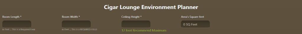 An Image of the dimension section of the LakeAir cigar lounge environment calculator, where the user enters space length, width, and ceiling height.