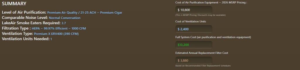 Image of the summary section of the cigar lounge environment calculator, which includes level of air purification, noise level, number of smoke eaters, filtration type, ventilation type, number of ventilation units, and all associated costs.