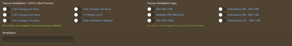 Image of the Ventilation Section of the LakeAir cigar lounge environment calculator, where the user can choose the amount of ventilation, and which equipment will be used for the ventilation.