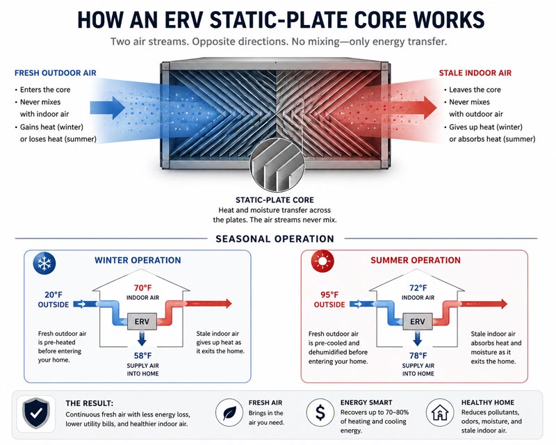 Diagram showing how an Energy Recovery Ventilator (ERV) static-plate core transfers heat and moisture between outgoing indoor air and incoming outdoor air without mixing the two air streams, improving ventilation efficiency in both winter and summer.