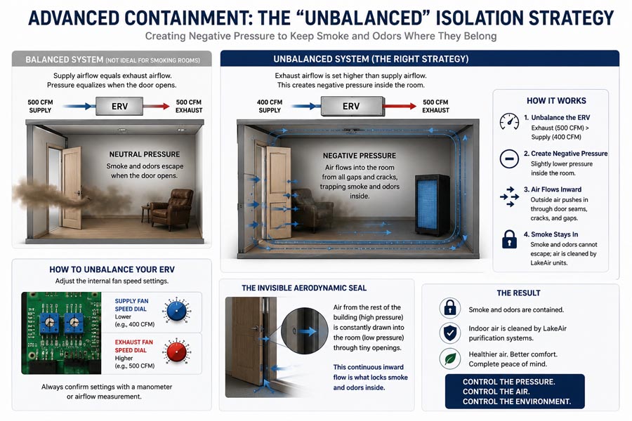 Technical illustration showing how an unbalanced Energy Recovery Ventilator (ERV) creates negative pressure by exhausting slightly more air than it supplies. The resulting inward airflow forms an invisible air barrier that contains smoke and odors inside a designated smoking room for removal by LakeAir air purification systems.